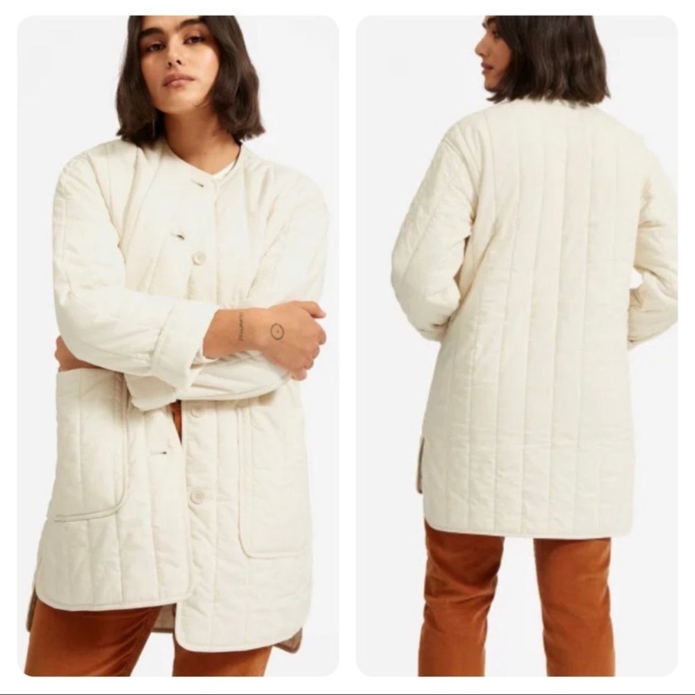 Everlane Quilted Cotton Long Jacket Cream White Small Button Down